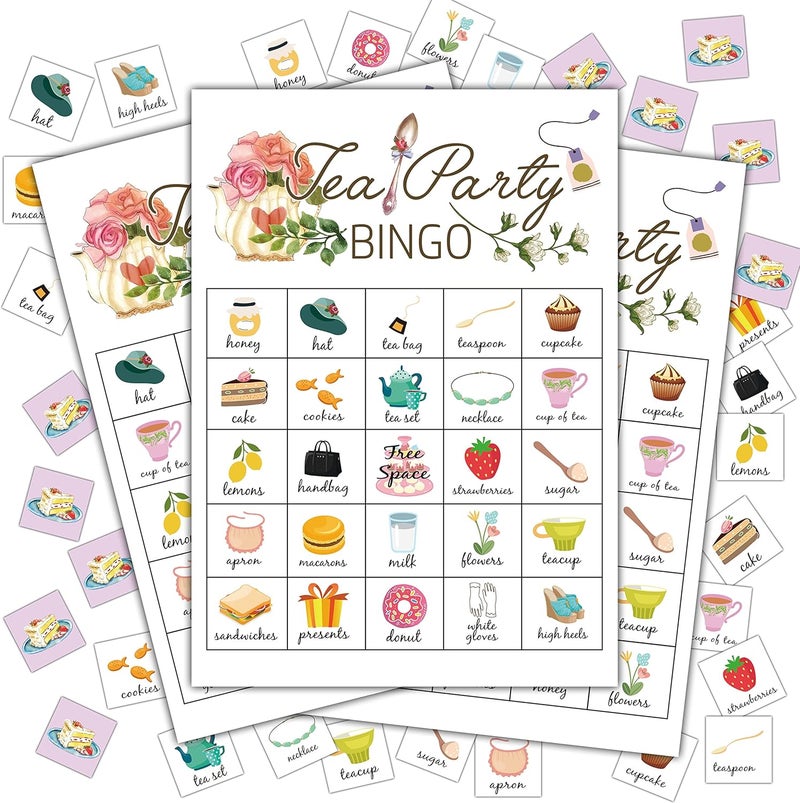 Disfuco Tea Party Bingo Cards, Tea Bridal Party Games Bingo Cards, School Party, Birthday, Garden Tea Party Favors Supplies Decorations, 24 Players Bingo Game (A02) - Image 1